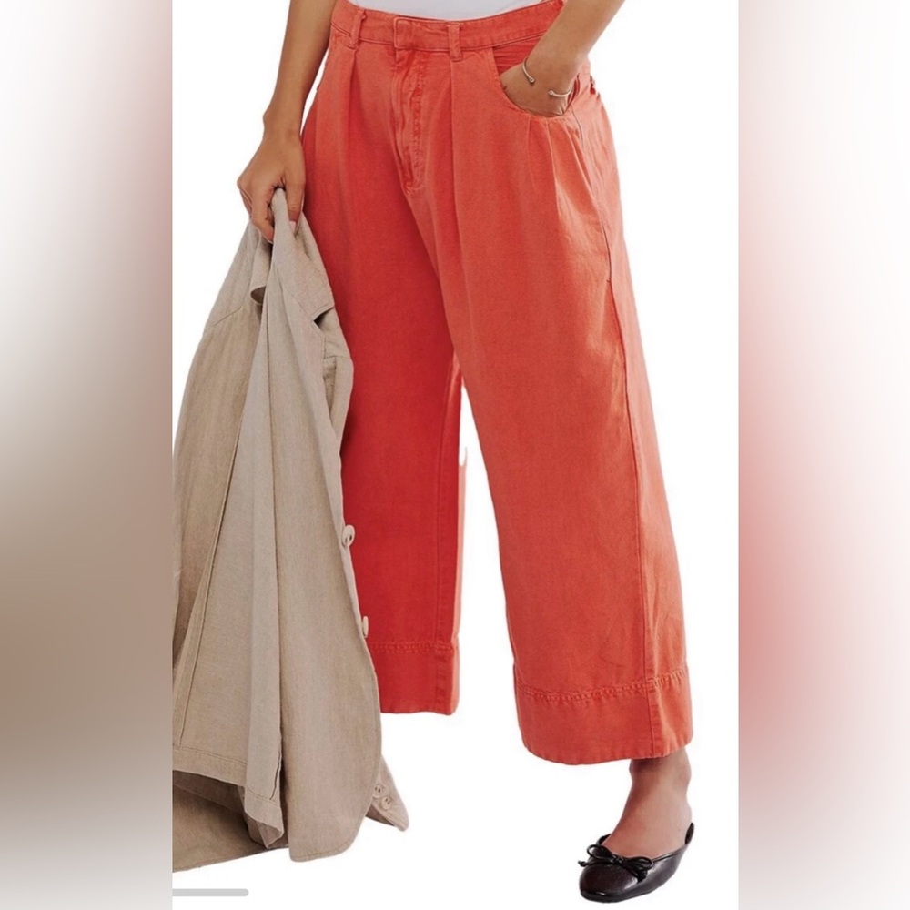 Free People NWT Sweet Talk Linen Wide Leg Ankle Pants size 6 Mango Red